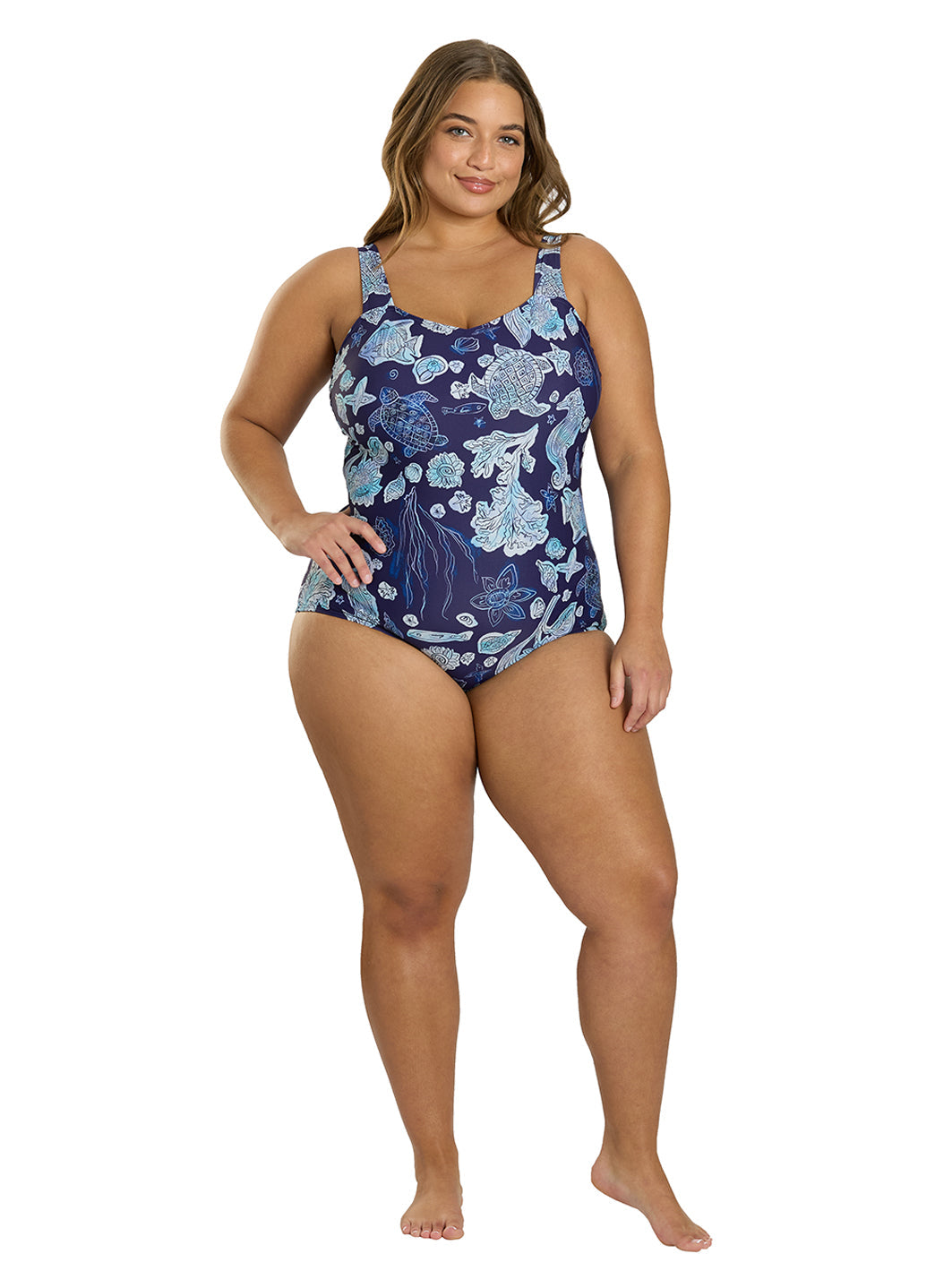 Sporti Plus Size Neptune's Reef Moderate Printed Sweetheart One Piece Swimsuit