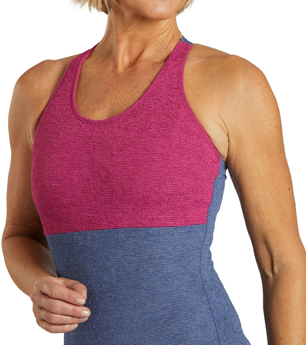 Sporti Textured Chlorine Resistant High Neck Colorblock One Piece Slimsuit