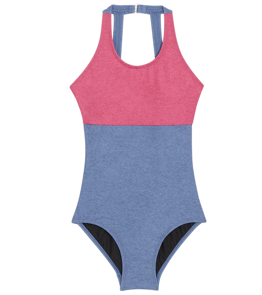 Sporti Textured Chlorine Resistant High Neck Colorblock One Piece Slimsuit