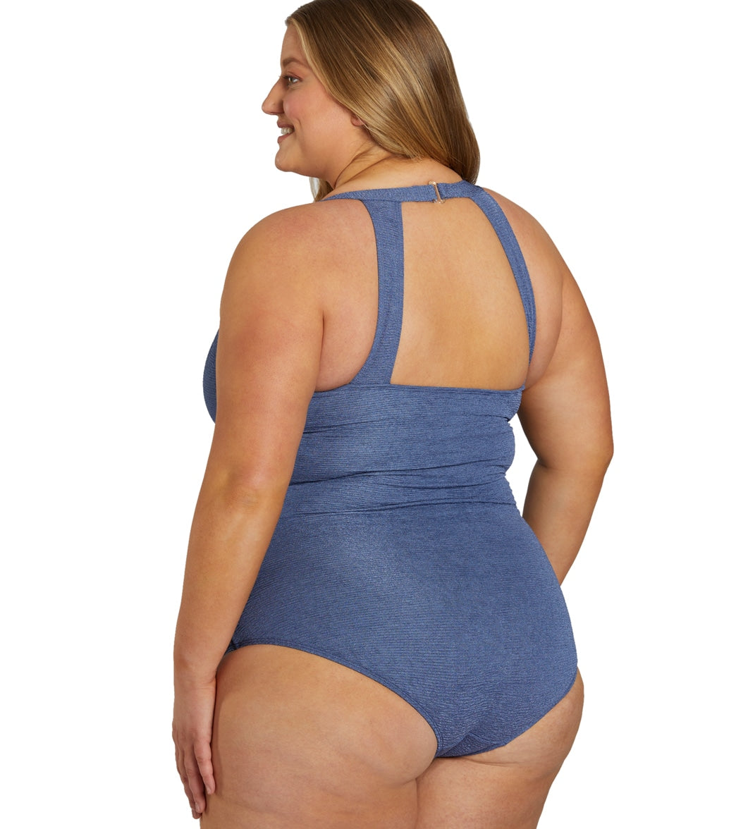 Sporti Plus Size Textured Chlorine Resistant High Neck One Piece Slimsuit