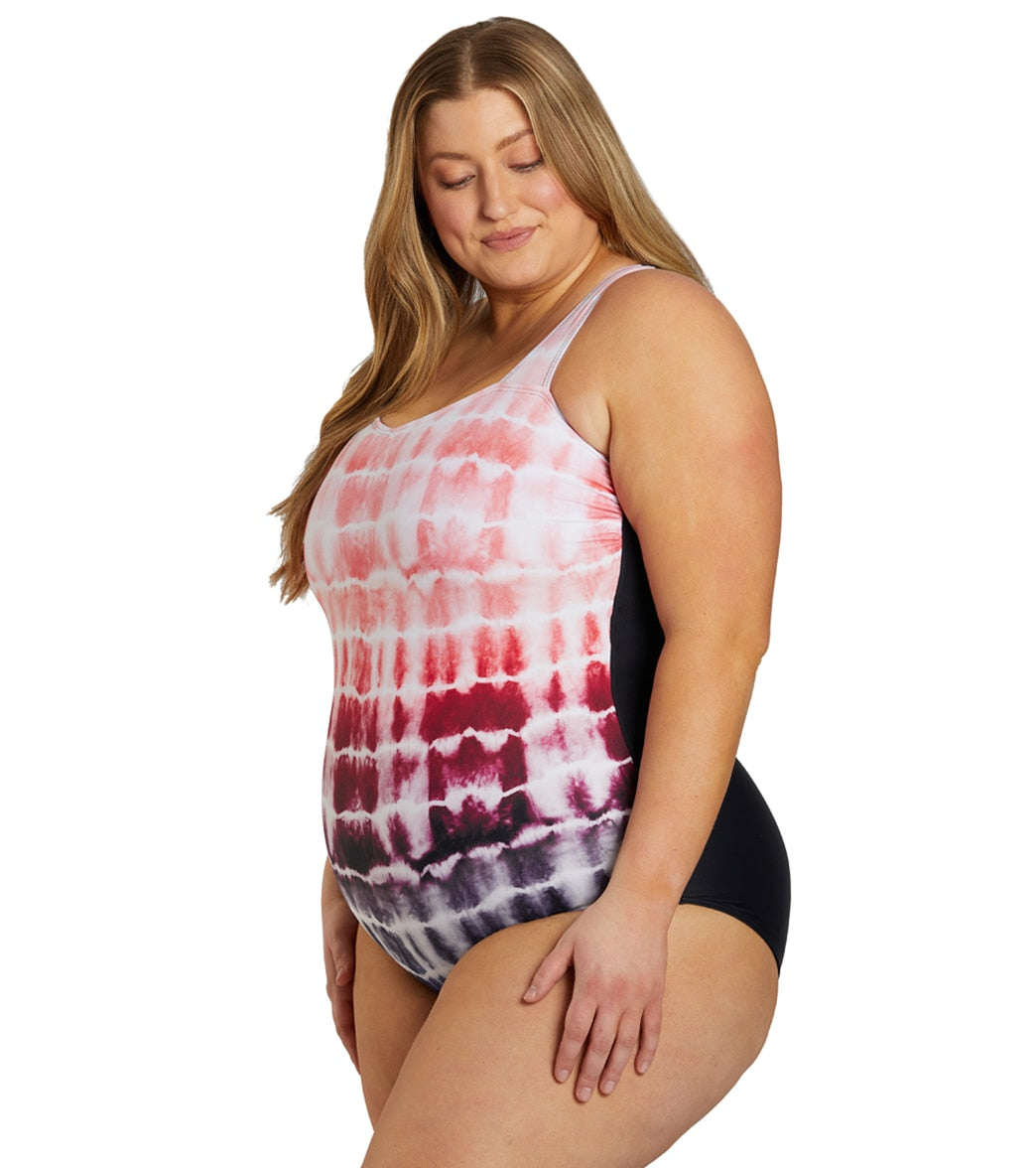 Sporti Plus Size Shibori Moderate Printed Ombre Sweetheart One Piece Swimsuit