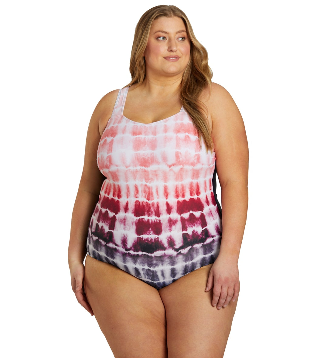 Sporti Plus Size Shibori Moderate Printed Ombre Sweetheart One Piece Swimsuit