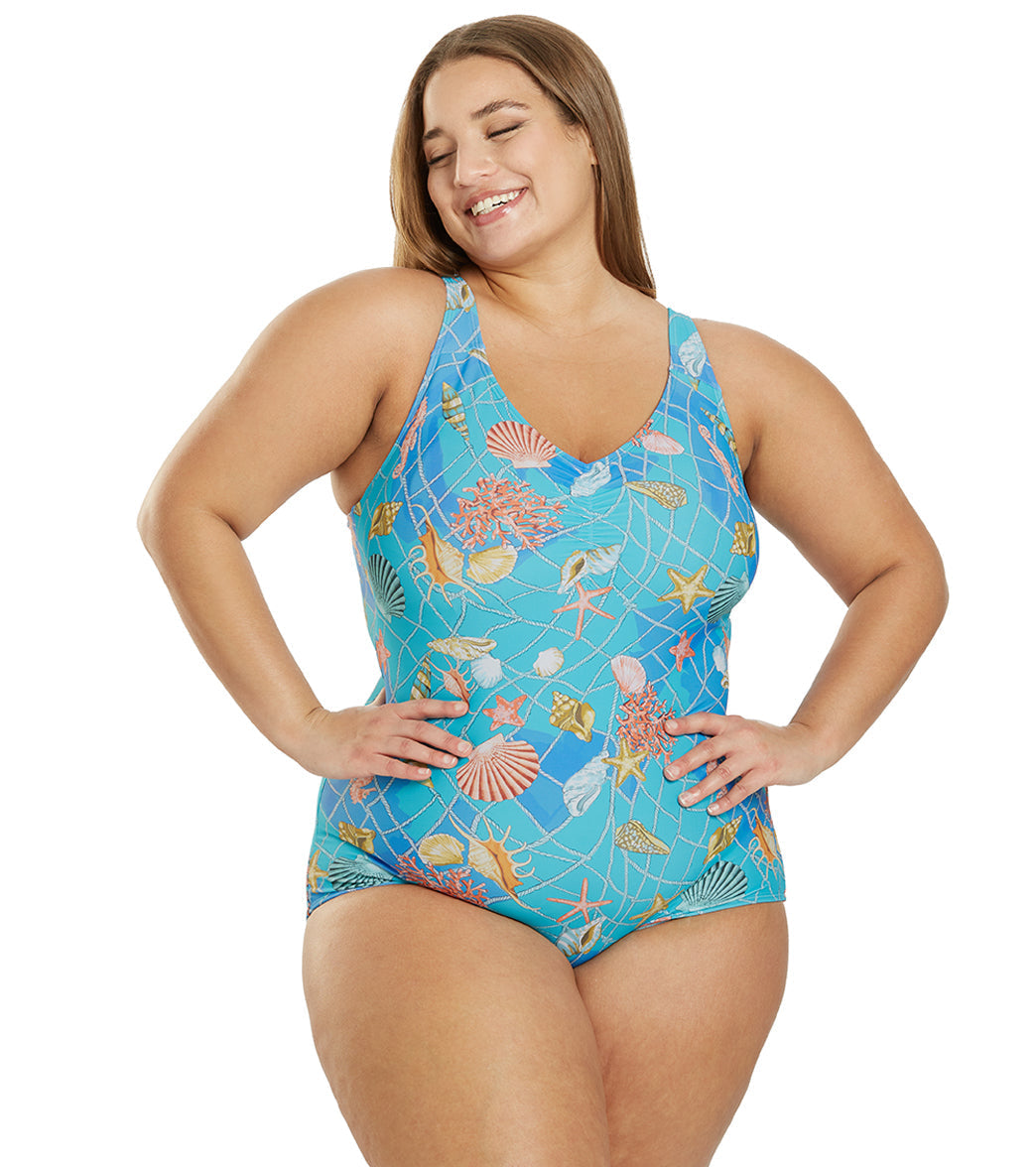 Sporti Plus Size Caribbean Sea Conservative Printed Girl Leg One Piece Swimsuit