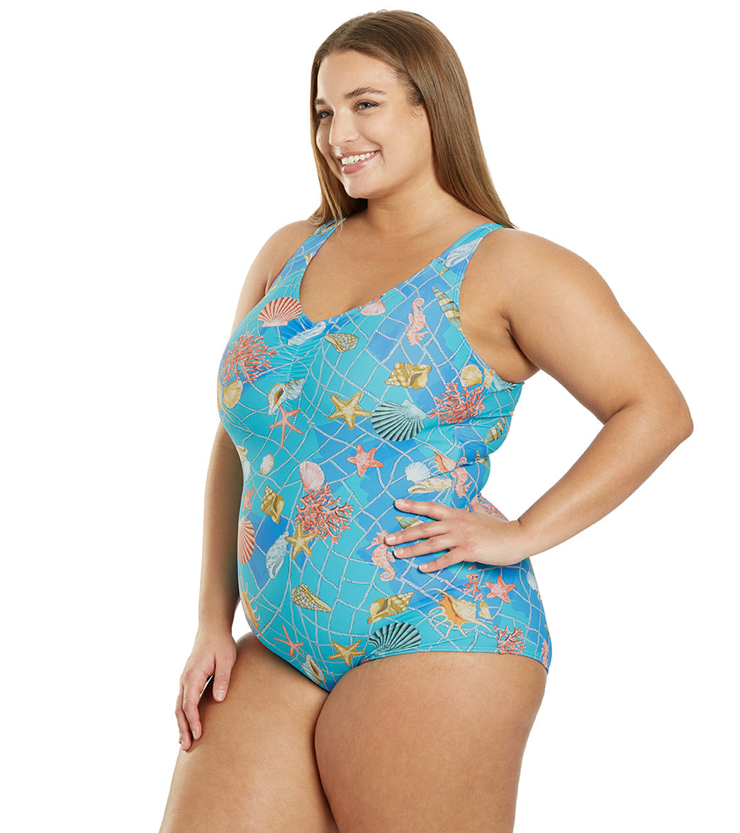 Sporti Plus Size Caribbean Sea Conservative Printed Girl Leg One Piece Swimsuit
