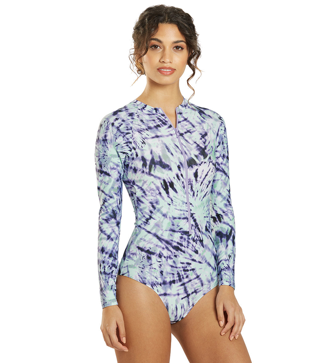 Sporti Active Moonlight Tie Dye Zip Front Long Sleeve One Piece Swimsuit