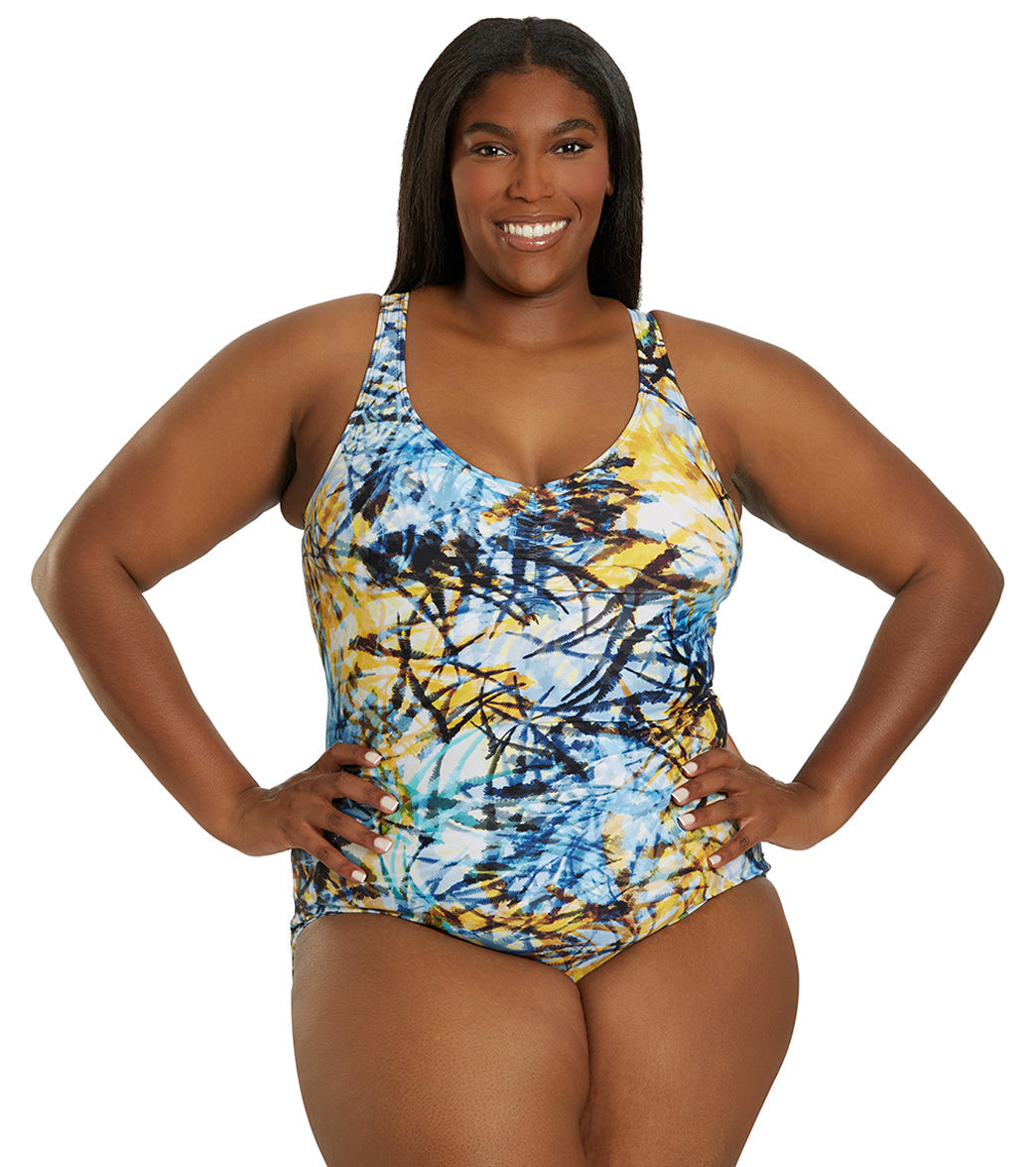 Sporti Plus Size Breezy Palms Conservative Printed Girl Leg One Piece Swimsuit