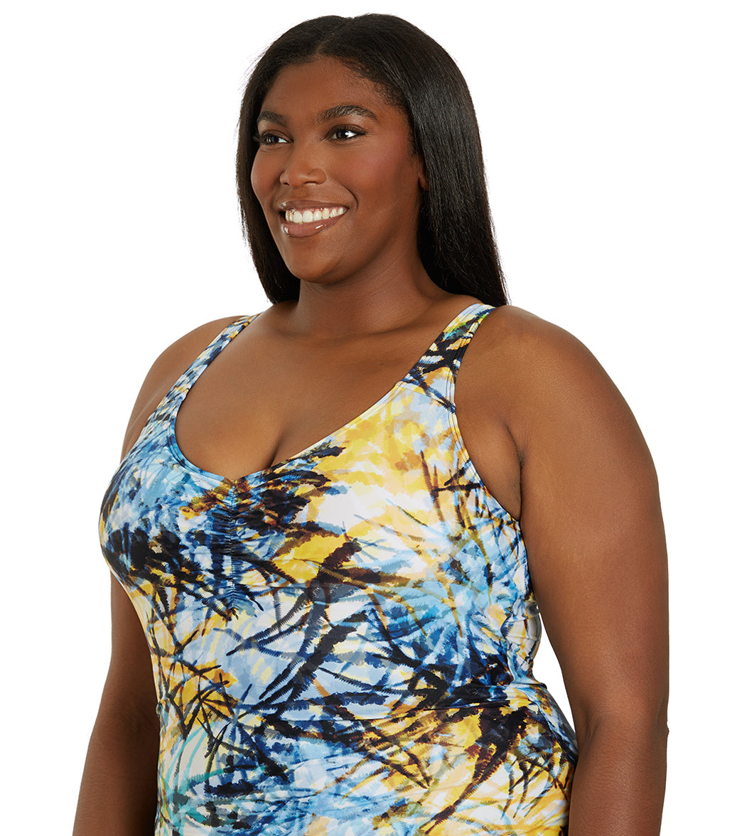Sporti Plus Size Breezy Palms Conservative Printed Girl Leg One Piece Swimsuit